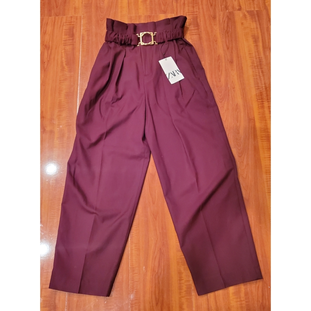 Zara Burgundy High Waist Paperbag Pants
